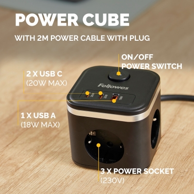 Priza pentru incarcare Filex Power Cube Fellowes, tip F, negru